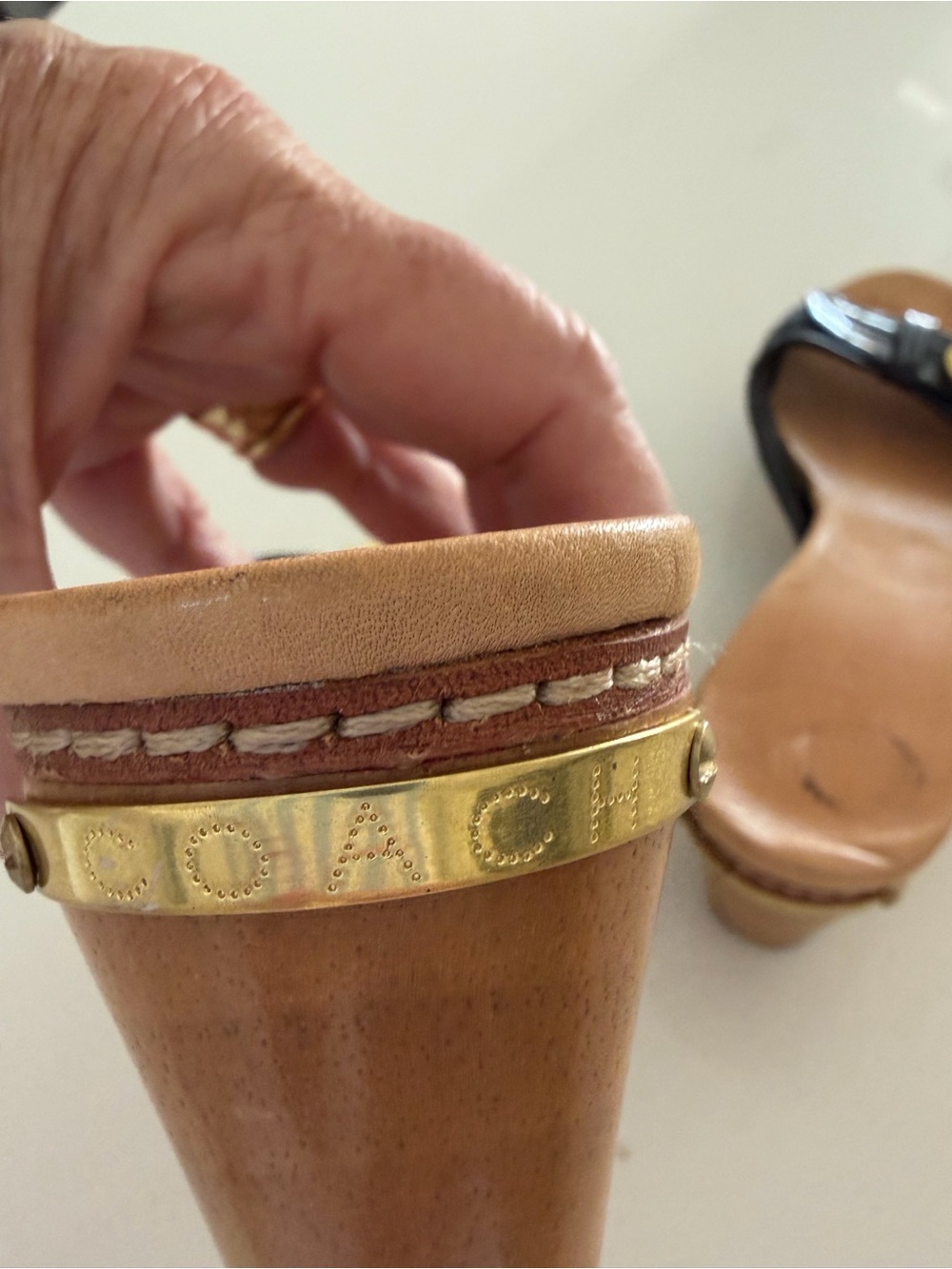 Coach Lee Black logo embossed Leather & Canvas Slide Mules w/ Gold Coach Button - Picture 4 of 6